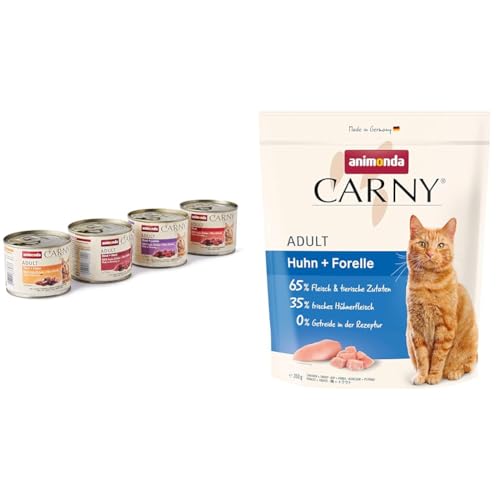 Animonda Carny Adult Katzen Nassfutter, Herzhafte Variation, 12 x 200 g + Carny Trockenfutter, zuckerfrei und ohne Getreide – mit Huhn + Forelle, 1 x 350 g von animonda Carny