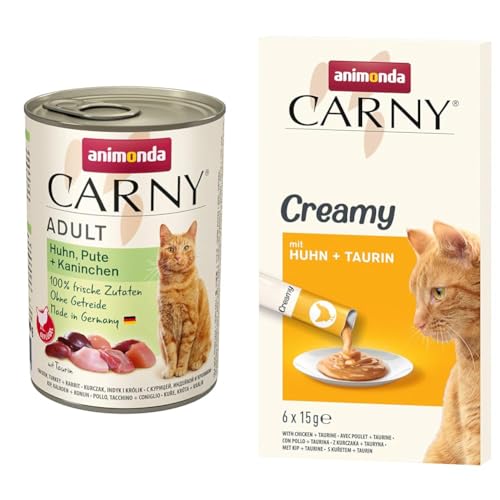 Paket animonda Carny Adult Katzenfutter, Huhn, Pute + Kaninchen, 6 x 400 g + Creamy - Premium Katzensnack für anspruchsvolle Feinschmecker - zarte Huhn und Taurin in Frischebeuteln - 6 x 15 g von animonda Carny