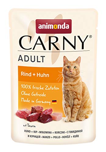 Carny Katzenfutter nass Pouch Rind + Huhn (12 x 85g), Katzen Nassfutter ohne Getreide und Zucker für ausgewachsene Katzen von animonda mit frischen fleischlichen Zutaten, praktische Portionsbeutel von animonda Carny