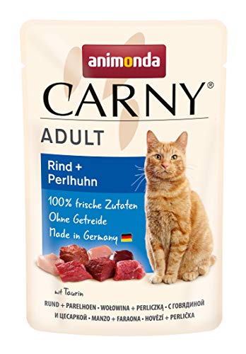 Carny Katzenfutter nass Pouch Rind + Perlhuhn (12 x 85g), Katzen Nassfutter ohne Getreide und Zucker für ausgewachsene Katzen von animonda mit frischen fleischlichen Zutaten, praktische Portionsbeutel von animonda Carny