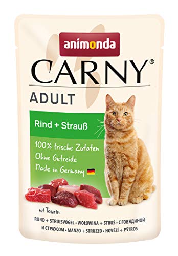 Carny Katzenfutter nass Pouch Rind + Strauß (12 x 85g), Katzen Nassfutter ohne Getreide und Zucker für ausgewachsene Katzen von animonda mit frischen fleischlichen Zutaten, praktische Portionsbeutel von animonda Carny