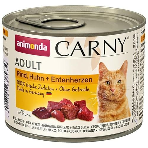 Carny Katzen Nassfutter Rind + Huhn + Entenherzen (6 x 200g), Katzen Nassfutter von animonda ohne Getreide und Zucker, mit frischen fleischlichen Zutaten von animonda Carny