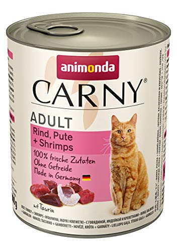 animonda Carny Carny Adult Katzenfutter, Nassfutter für ausgewachsene Katzen, Rind, Pute + Shrimps, 6 x 800 g von animonda Carny