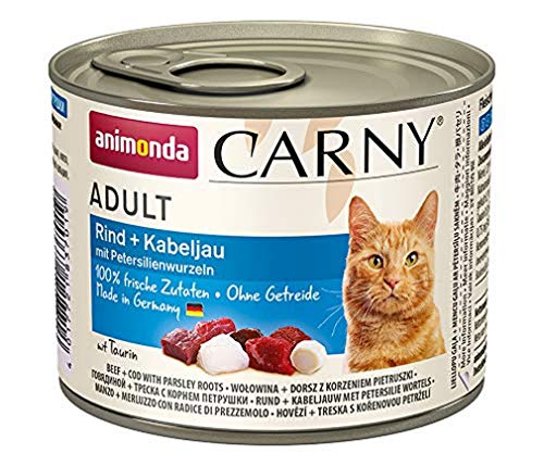 Carny Katzen Nassfutter Rind + Kabeljau mit Petersilienwurzeln (6 x 200g), Katzen Nassfutter von animonda ohne Getreide und Zucker, mit frischen fleischlichen Zutaten von animonda Carny