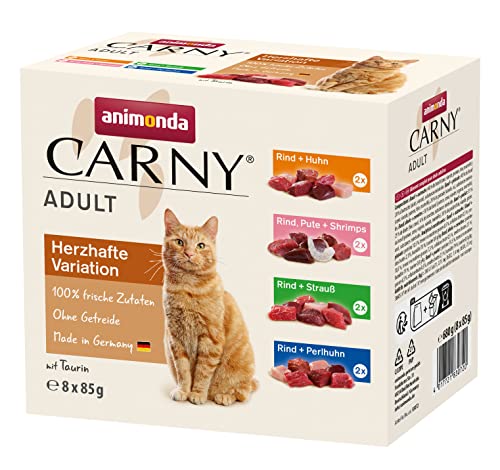 Carny Katzenfutter nass Pouch Herzhafte Variante Mixpack (8 x 85g), Katzen Nassfutter ohne Getreide und Zucker für ausgewachsene Katzen von animonda mit frischen fleischlichen Zutaten, praktische Portionsbeutel von animonda Carny