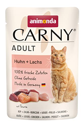 Carny Katzenfutter nass Pouch Huhn + Lachs (12 x 85g), Katzen Nassfutter ohne Getreide und Zucker für ausgewachsene Katzen von animonda mit frischen fleischlichen Zutaten, praktische Portionsbeutel von animonda Carny