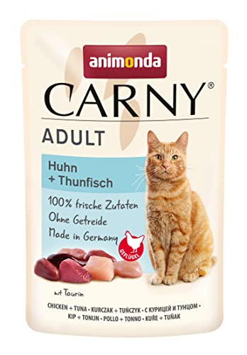 Carny Katzenfutter nass Pouch Huhn + Thunfisch (12 x 85g), Katzen Nassfutter ohne Getreide und Zucker für ausgewachsene Katzen von animonda mit frischen fleischlichen Zutaten, praktische Portionsbeutel von animonda Carny