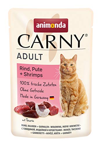 animonda Carny Adult Katzenfutter, Nassfutter für ausgewachsene Katzen, Frischebeutel, Rind, Pute + Shrimps, 12 x 85 g von animonda Carny