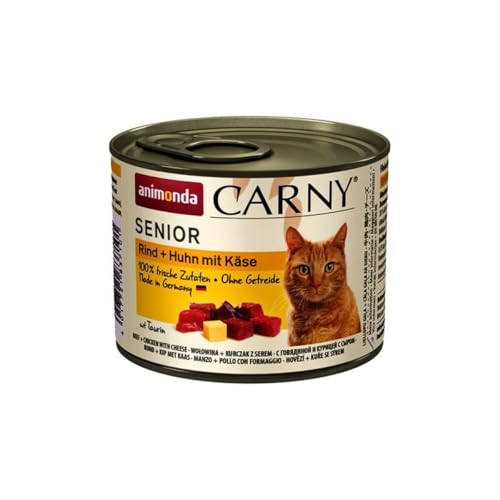 Carny Katzen Nassfutter Senior Rind + Huhn + Käse (6 x 200g), Katzenfutter nass von animonda ohne Getreide und Zucker für Katzen ab 7 Jahren mitfrischen und fleischigen Zutaten von animonda Carny