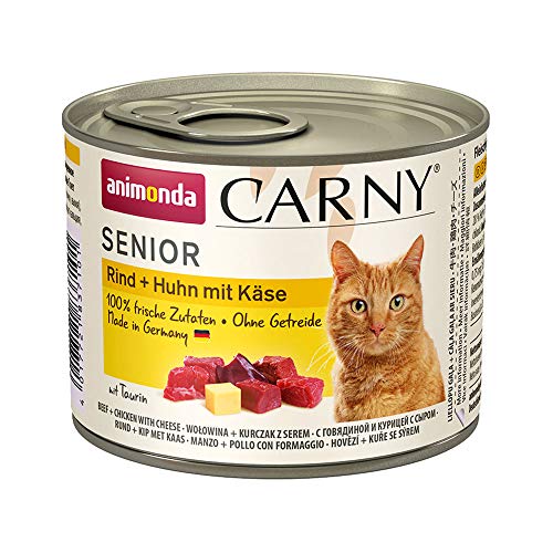 Carny Katzen Nassfutter Senior Rind + Huhn + Käse (6 x 200g), Katzenfutter nass von animonda ohne Getreide und Zucker für Katzen ab 7 Jahren mitfrischen und fleischigen Zutaten von animonda Carny