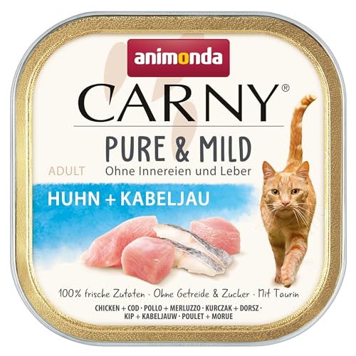 Carny Katzen Nassfutter Pure & Mild Huhn + Kabeljau (32 x 100 g), Leicht verdauliches Katzenfutter für sensible Katzen, Katzen Nassfutter von animonda für sensible Katzen, ohne Getreide und Zucker von animonda Carny