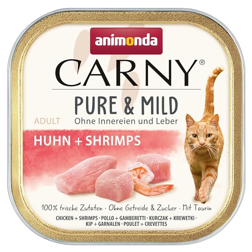 Carny Katzen Nassfutter Pure & Mild Huhn + Shrimps (32 x 100 g), Leicht verdauliches Katzenfutter für sensible Katzen, Katzen Nassfutter von animonda für sensible Katzen, ohne Getreide und Zucker von animonda Carny