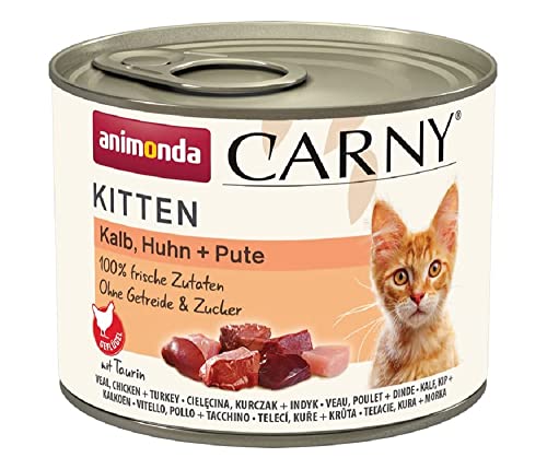 Carny Katzen Nassfutter Kitten Kalb + Huhn + Pute (12 x 200g), Kitten Katzen Nassfutter ohne Getreide und Zucker von animonda für wachsende Kätzchen bis 1 Jahr, mit frischen Zutaten von animonda Carny