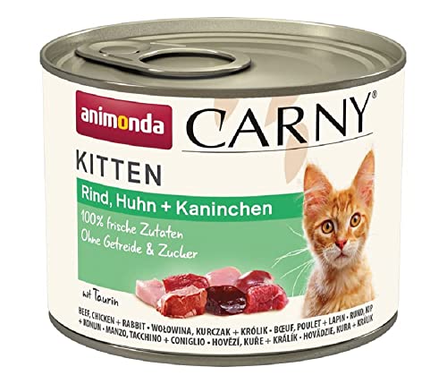 Carny Katzen Nassfutter Kitten Rind + Huhn + Kaninchen ( 12 x 200g), Kitten Katzen Nassfutter ohne Getreide und Zucker von animonda für wachsende Kätzchen bis 1 Jahr, mit frischen Zutaten von animonda Carny