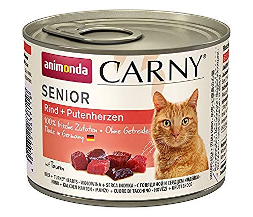 Carny Katzen Nassfutter Senior Rind + Putenherzen (6 x 200g), Katzenfutter nass von animonda ohne Getreide und Zucker für Katzen ab 7 Jahren mitfrischen und fleischigen Zutaten von animonda Carny