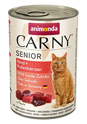 Carny Katzen Nassfutter Senior Rind + Putenherzen (6 x 400g), Katzenfutter nass von animonda ohne Getreide und Zucker für Katzen ab 7 Jahren mitfrischen und fleischigen Zutaten von animonda Carny