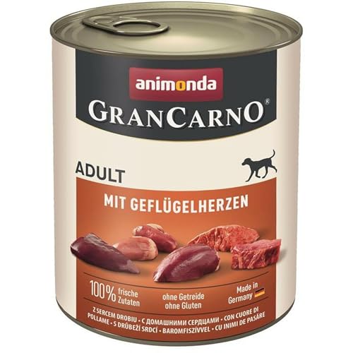 GranCarno Hunde Nassfutter mit Geflügelherzen (6 x 800 g), Hundefutter nass ohne Getreide und Zucker von animonda, für ausgewachsene Hunde, mit frischen fleischlichen Zutaten von Grancarno