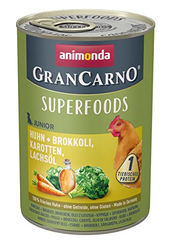 animonda GranCarno Junior Superfoods Hundefutter, Nassfutter für Hunde im Wachstum, Huhn + Brokkoli, Karotten, Lachsöl, 6 x 400 g von animonda Gran Carno Superfoods Hundefutter Nass