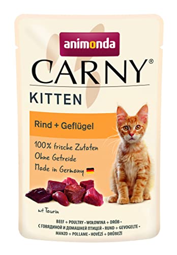 Carny Kitten Katzenfutter nass Pouch Rind + Geflügel (12 x 85g), Katzen Nassfutter ohne Getreide und Zucker für ausgewachsene Katzen von animonda mit frischen fleischlichen Zutaten, praktische Portionsbeutel von animonda Carny