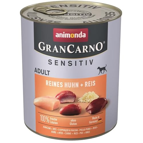 GranCarno Hunde Nassfutter Sensitiv Reines Huhn + Reis (6 x 800g), Hundefutter nass ohne Getreide und Zucker von animonda, für ausgewachsene Hunde, mit frischen fleischlichen Zutaten von Grancarno