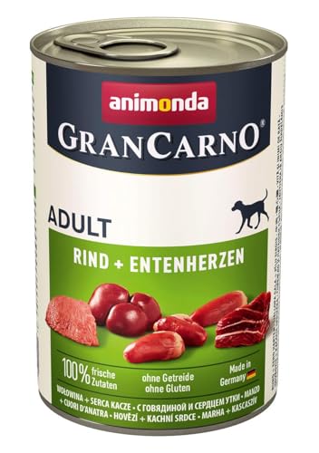 GranCarno Hunde Nassfutter mit Rind + Entenherzen (6 x 400 g), Hundefutter nass ohne Getreide und Zucker von animonda, für ausgewachsene Hunde, mit frischen fleischlichen Zutaten von Grancarno