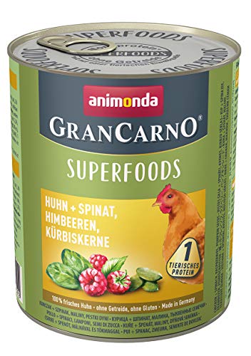 animonda Vom Feinsten Gran Carno adult Superfoods Hundefutter, Nassfutter für ausgewachsene Hunde, Huhn + Spinat, Himbeeren, Kürbiskerne, 6 x 800 g, 6er Pack (6 x 0.8 kilograms) von Grancarno