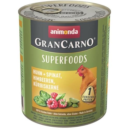 GranCarno Hunde Nassfutter Superfoods Huhn + Spinat + Himbeeren (6 x800g), Hundefutter nass ohne Getreide und Zucker von animonda, für ausgewachsene Hunde, mit frischen fleischlichen Zutaten von Grancarno