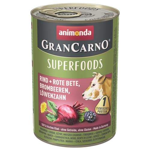 GranCarno Hunde Nassfutter Superfoods Rind + Rote Bete (6 x 400g), Hundefutter nass ohne Getreide und Zucker von animonda, für ausgewachsene Hunde, mit frischen fleischlichen Zutaten von Grancarno