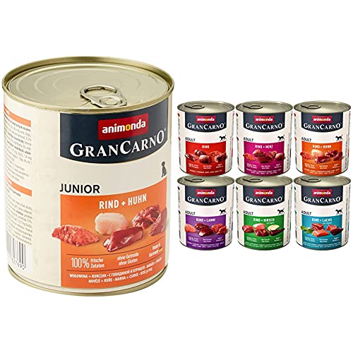 animonda GranCarno Hundefutter Junior, Nassfutter für Hunde im Wachstum, Rind + Huhn, 6 x 800 g & Adult Hundefutter, Nassfutter für Erwachsene Hunde, Herzhafte Variation, 6 x 800 g von animonda GranCarno