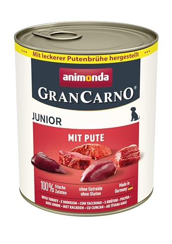 animonda GranCarno Junior mit Pute (6 x 800 g), Welpenfutter für junge Hunde, Nassfutter für Hunde mit 100 % frischen, fleischlichen Zutaten, Junior Hundefutter ohne Getreide von animonda GranCarno