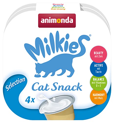 Animonda Milkies Katzen Milchsnacks, schmackhaft und leicht verdaulich, Katzensnacks in verschieden Geschmacksrichtungen für erwachsene Katzen und in nachhaltigen Packungsgrößen, ohne Soja und Zucker, Selection 4 x 15g (60Cups) von animonda Milkies