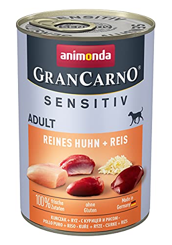 GranCarno Hunde Nassfutter Sensitiv Reines Huhn + Reis (6 x 400g), Hundefutter nass ohne Getreide und Zucker von animonda, für ausgewachsene Hunde, mit frischen fleischlichen Zutaten von Grancarno