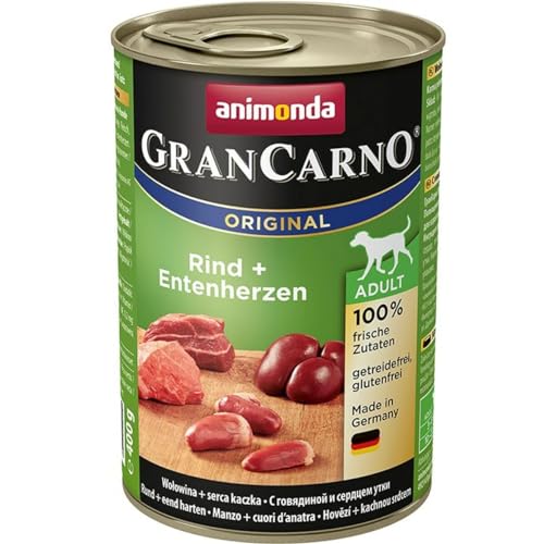 GranCarno Hunde Nassfutter mit Rind + Entenherzen (6 x 400 g), Hundefutter nass ohne Getreide und Zucker von animonda, für ausgewachsene Hunde, mit frischen fleischlichen Zutaten von Grancarno