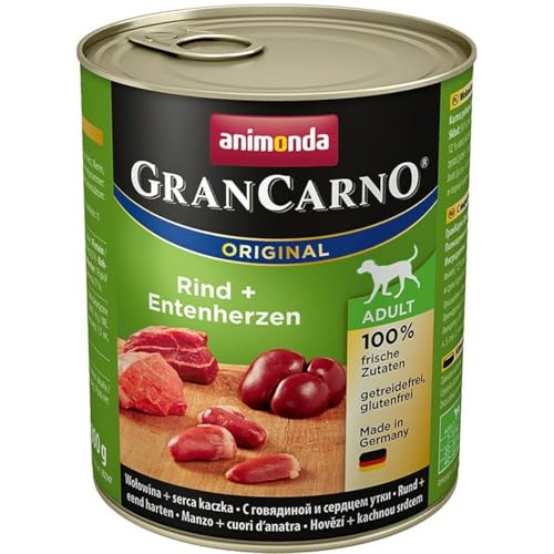 GranCarno Hunde Nassfutter mit Rind + Entenherzen (6 x 800 g), Hundefutter nass ohne Getreide und Zucker von animonda, für ausgewachsene Hunde, mit frischen fleischlichen Zutaten von Grancarno