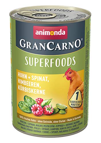 GranCarno Hunde Nassfutter Superfoods Huhn + Spinat (6 x 400g), Hundefutter nass ohne Getreide und Zucker von animonda, für ausgewachsene Hunde, mit frischen fleischlichen Zutaten von Grancarno