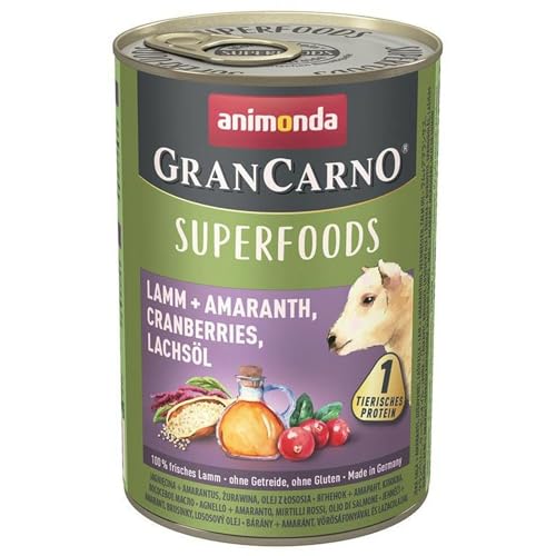 GranCarno Hunde Nassfutter Superfoods Lamm + Amaranth (6 x400g), Hundefutter nass ohne Getreide und Zucker von animonda, für ausgewachsene Hunde, mit frischen fleischlichen Zutaten von Grancarno