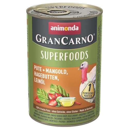 animonda Gran Carno adult Superfoods Hundefutter, Nassfutter für ausgewachsene Hunde, Pute + Mangold, Hagebutten, Leinöl, 6 x 400 g, 6er Pack (6 x 0.4 kilograms) von animonda Vom Feinsten