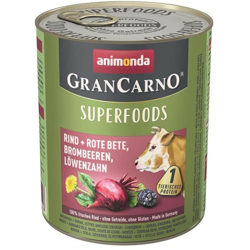 GranCarno Hunde Nassfutter Superfoods Rind pur (6 x 800g), Hundefutter nass ohne Getreide und Zucker von animonda, für ausgewachsene Hunde, mit frischen fleischlichen Zutaten von Grancarno