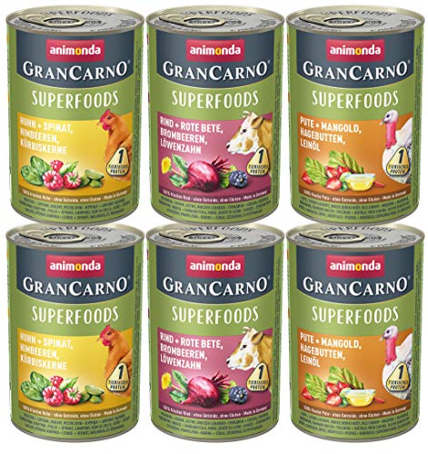 GranCarno Hunde Nassfutter Superfoods Variation (6 x 400g), Hundefutter nass ohne Getreide und Zucker von animonda, für ausgewachsene Hunde, mit frischen fleischlichen Zutaten von Grancarno