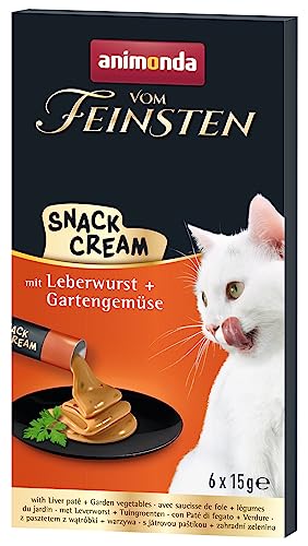 vom Feinsten Katzen Snack Cream (6 x 15g), Köstlicher Katzensnack mit mit Leberwurst + Gartengemüse in praktischen Frischebeuteln von animonda von animonda Vom Feinsten