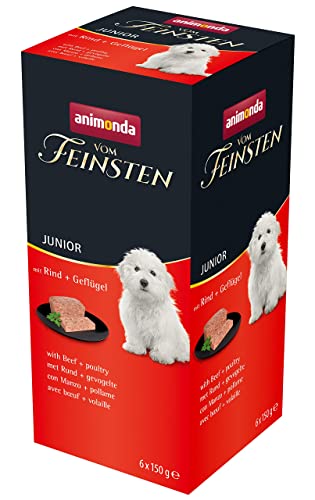 animonda Vom Feinsten Junior Rind + Geflügel (6 x 150 g), Welpenfutter für wachsende Hunde, Nassfutter für Hunde mit fein-stückigen Pasteten, Junior Hundefutter ohne Getreide von animonda Vom Feinsten