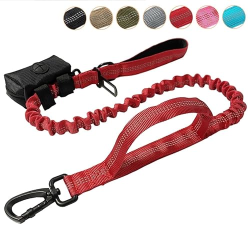 Annalovic Bungee-Hundeleine mit Hundekotbeutelspender, kein Ziehen, taktische Hundeleine für Stoßdämpfung, Auto-Sicherheitsgurt-Clip und stark reflektierenden Fäden (rot, max. 120 cm) von annalovic