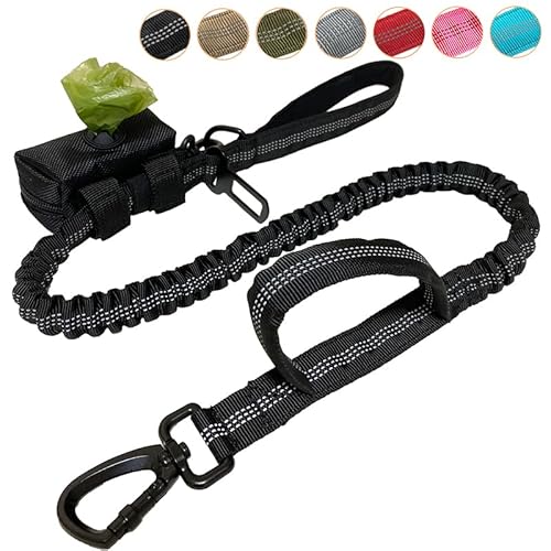 Annalovic Bungee Hundeleine mit Hundekotbeutelspender, kein Ziehen, taktische Hundeleine für Stoßdämpfung, mit 2 Kontrollgriffen, AutoSicherheitsgurtclip und stark reflektierenden Fäden (max. 12 cm, von annalovic