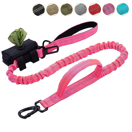 Annalovic Bungee-Hundeleine mit Hundekotbeutelspender, kein Ziehen, taktische Hundeleine zur Stoßdämpfung, mit 2 Kontrollgriffen, Auto-Sicherheitsgurt-Clip und stark reflektierenden Fäden (Rosa, max. von annalovic