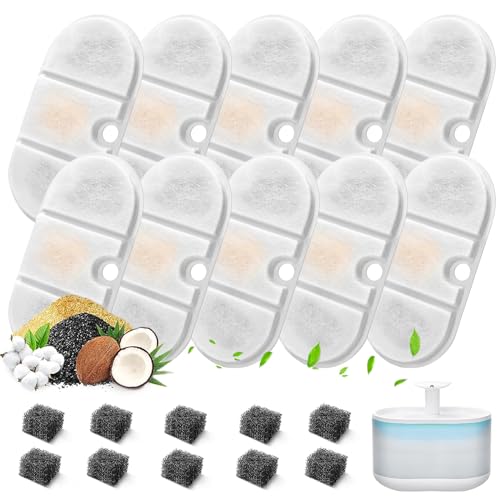 anyuan boy Katzenbrunnen Filter 10 Stück Filter für 2.1L Trinkbrunnen PLWF002,Schwamm Filter mit Harz und Aktivkohle Vierfachem Filtersystem,10 Pcs Kohlefilter und 10 Pcs Schaumstofffilter von anyuan boy