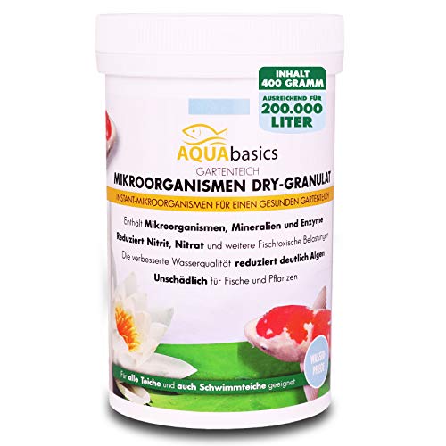 AQUAbasics Gartenteich Mikroorganismen Dry-Granulat mit hochkonzentrierten Mikroorganismen, Mineralien und Enzymen für klares und gesundes Teichwasser, Größe:400 g von aquabasics