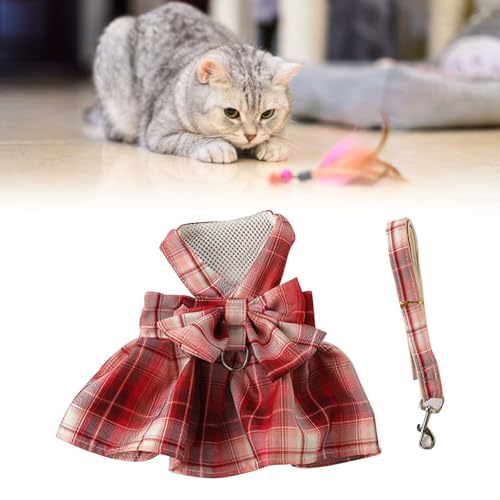 Hundekabelbaum Kleid Stilvolle Niedliche Bogenknotenplaid Atmungsaktives Bequemes Haustierkabel Kleid mit Leine für Tägliche Tragen Hochzeitsfeier Rot M (L) von aqxreight