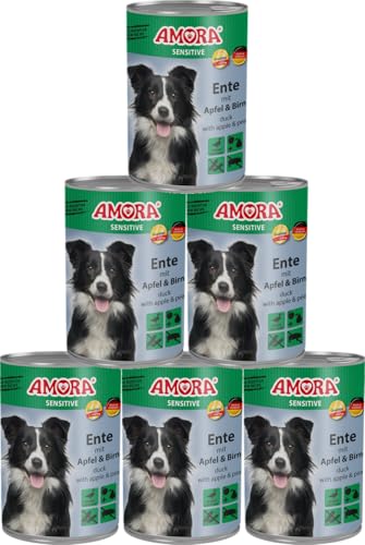 Amora Dog Sensitive 6 x 400g | Getreidefreies Nassfutter für Hunde | Mit Fleisch & Innereien | Ohne künstliche Zusätze | Hochverdaulich & gut verträglich (400g, Ente mit Apfel & Birne) von arelf