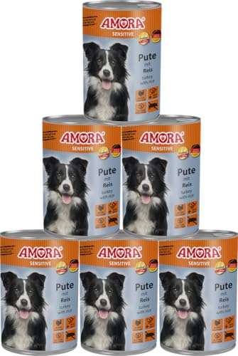 Amora Dog Sensitive 6 x 400g | Getreidefreies Nassfutter für Hunde | Mit Fleisch & Innereien | Ohne künstliche Zusätze | Hochverdaulich & gut verträglich (400g, Pute mit Reis) von arelf