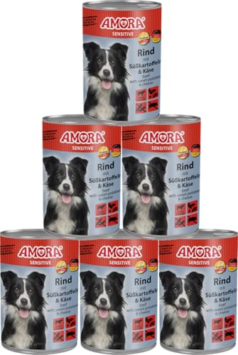 Amora Dog Sensitive 6 x 400g | Getreidefreies Nassfutter für Hunde | Mit Fleisch & Innereien | Ohne künstliche Zusätze | Hochverdaulich & gut verträglich (400g, Rind mit Süßkartoffeln & Käse) von arelf